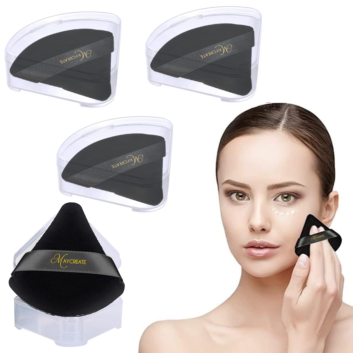 MAYCREATE 4pcs Triangle Powder Puff Makeup Sponge Puff with Case, Soft Cosmetic Face Makeup Puff for Loose Powder - Reusable, Skin-Friendly, Wet and Dry Use (Black) MAYCREATE 4pcs Triangle Powder Puff Makeup Sponge Puff with Case, Soft Cosmetic Face Makeup Puff for Loose Powder - Reusable, Skin-Friendly, Wet and Dry Use (Black)